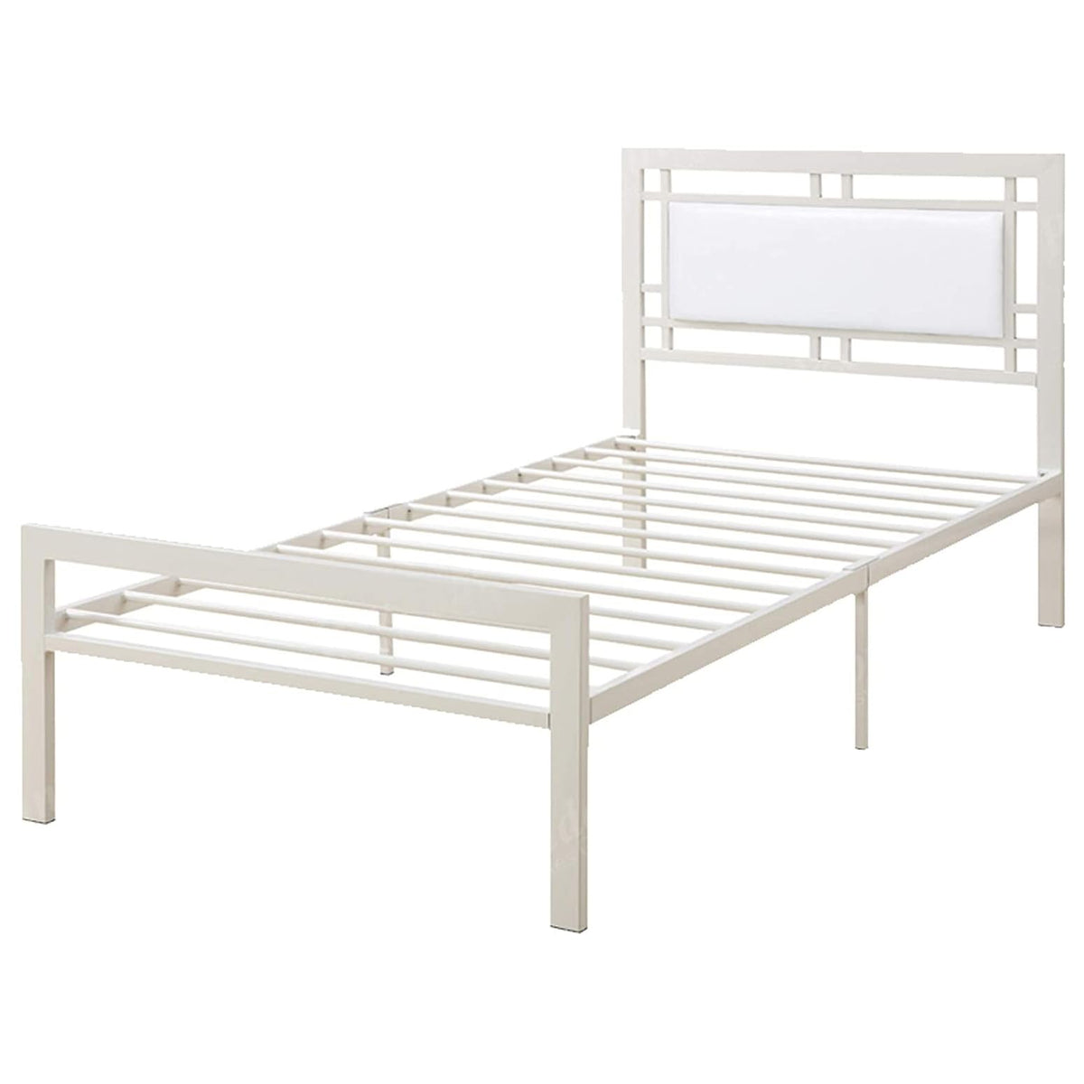 Benjara Metal Frame Full Bed With Leather Upholstered Headboard, White