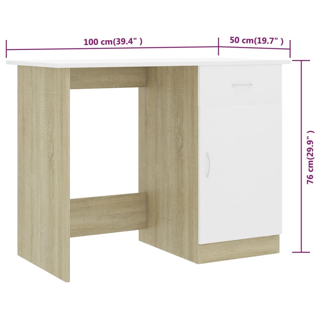 vidaXL Modern Desk with Drawer and Door, White and Sonoma Oak, Sturdy Engineered Wood, Ideal for Small Offices or Dorms