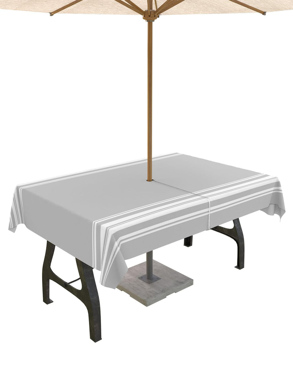 Queenker Outdoor Tablecloth With Umbrella Hole, Farmhouse Gray White Stripe Rectangle Tables Waterproof Tabletop Collection For