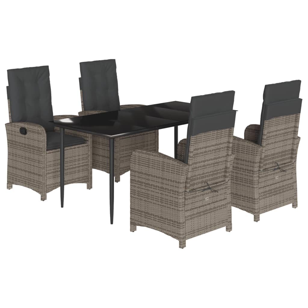 vidaXL 5 Piece Patio Dining Set - Gray PE Rattan Chairs with Cushions, Adjustable Reclining, Tempered Glass Tabletop, Perfect fo