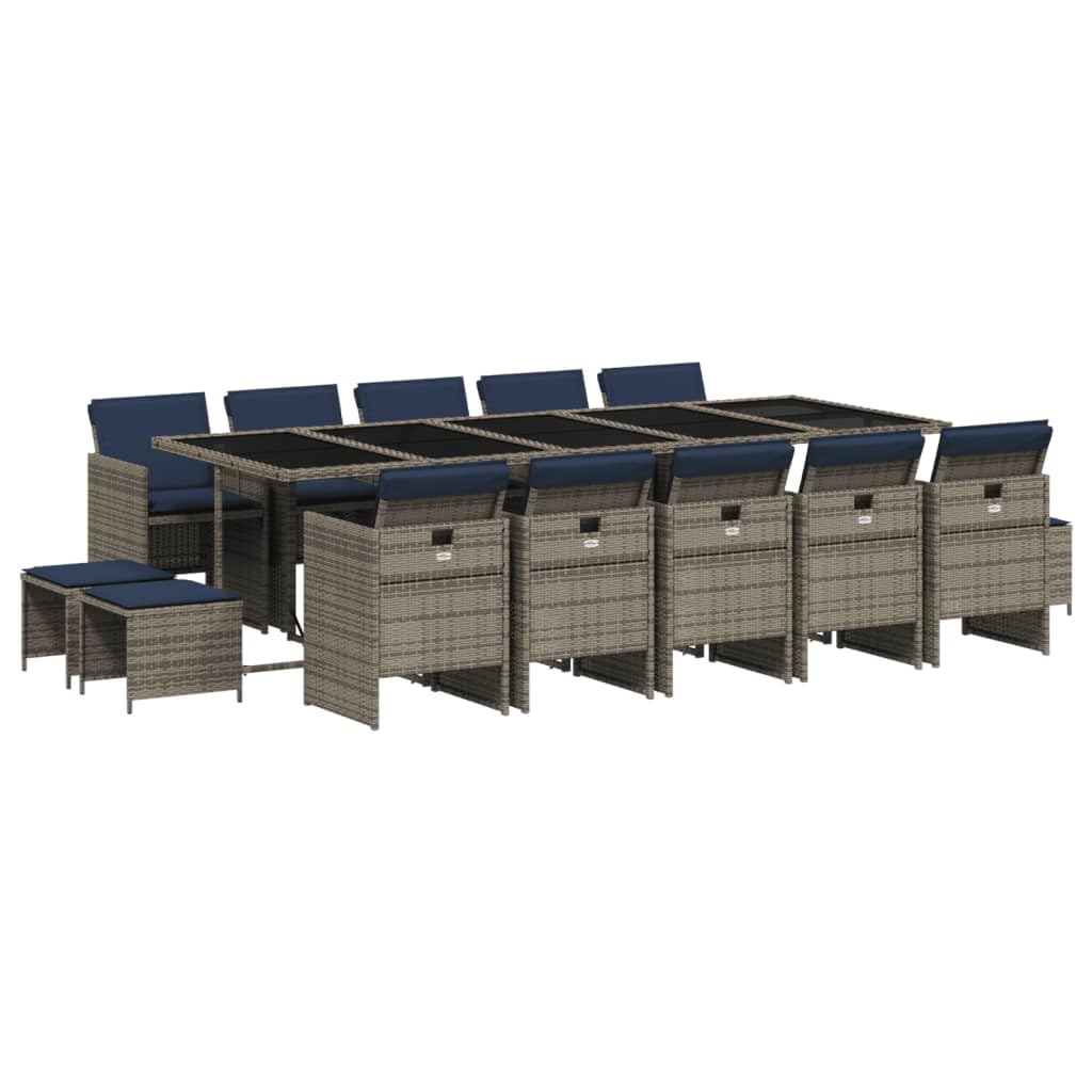 vidaXL - 15-Piece Patio Dining Set with Cushions - Gray Poly Rattan Garden Furniture, Tempered Glass Tabletop, Foldable Chairs and Stools - Outdoor, Backyard, Garden, Deck, Lounge Area