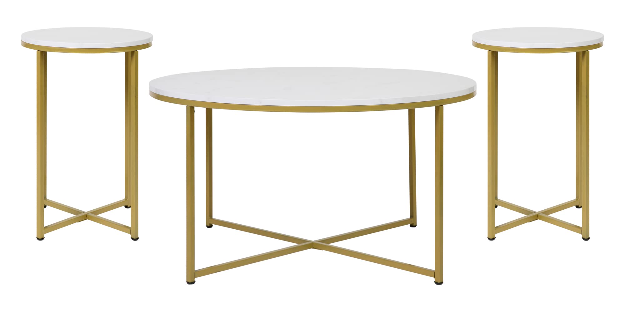Flash Furniture Hampstead Collection Coffee and End Table Set - White Marbled Laminate Top & Matte Gold Crisscross Frame - 3 Piece Occasional Table Set