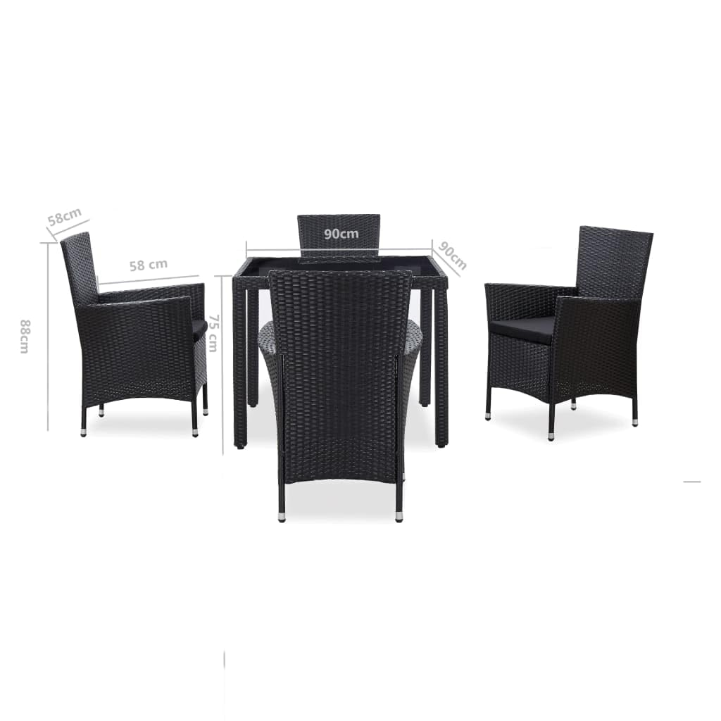 vidaXL Poly Rattan Patio Dining Set - Black Outdoor Furniture with Cushions, Steel Frame, Glass Table, Garden/Poolside Seating