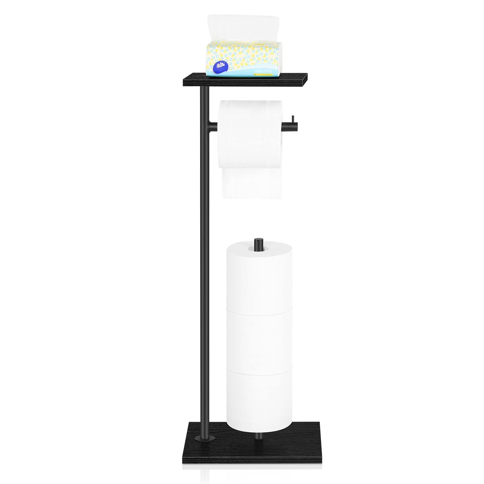 Black Toilet Paper Holder Stand Free Standing Toilet Paper Holder with Shelf Toilet Paper Storage Holder with Reserve for Bathro