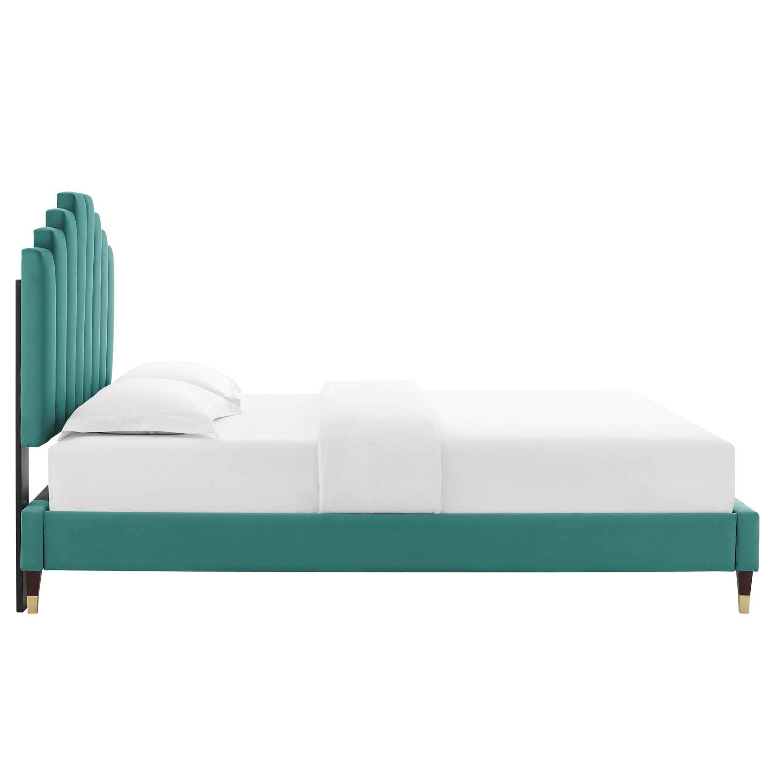 Modway Elise Channel Tufted Performance Velvet Full Platform Bed In Teal With Gold Legs