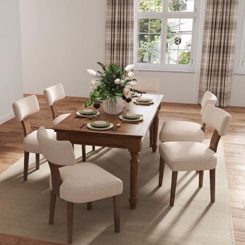 Rivova Mid Century Modern Dining Chairs Set Of 6 Upholstered Linen Fabric Dining Chairs Curved Backrest Farmhouse Dining Room Ch