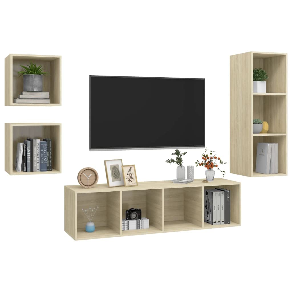 vidaXL TV Stand Set 4 Piece, TV Unit for Living Room Bedroom, Sideboard with Storage, Media Unit Cupboard, Modern Style, Sonoma Oak Engineered Wood