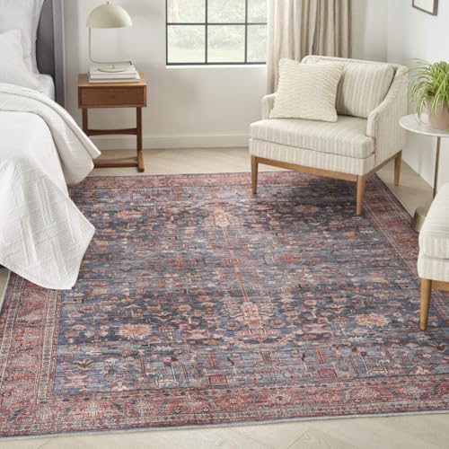 HomeRoots 533324 8 x 10 ft. Blue & Red Oriental Traditional Power Loomed Distressed Washable Non Skid Rectangle Area Rug