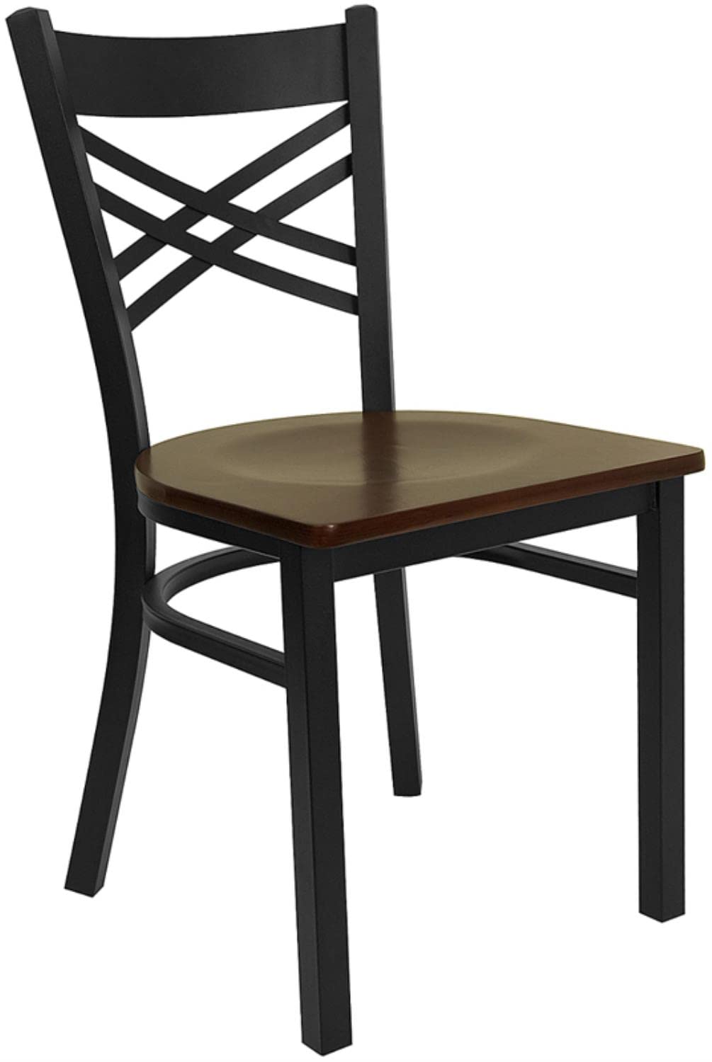 Flash Furniture HERCULES Series Black ''X'' Back Metal Restaurant Chair - Mahogany Wood Seat
