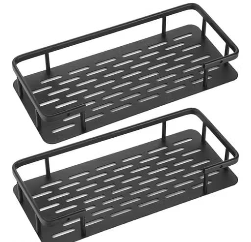 Ak10Zone SelfAdhesive Wall Mounted Bathroom Shelf, Black, Punch Free Space Saving Organiser Rack For Bathroom Pack Of 2