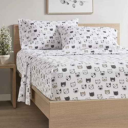 Comfort Spaces Cotton Flannel Breathable Warm, Deep Pocket Sheets With Pillow Case Bedding, Queen, Grey/Pink Cats 4 Piece