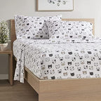 Comfort Spaces Cotton Flannel Breathable Warm, Deep Pocket Sheets With Pillow Case Bedding, Queen, Grey/Pink Cats 4 Piece