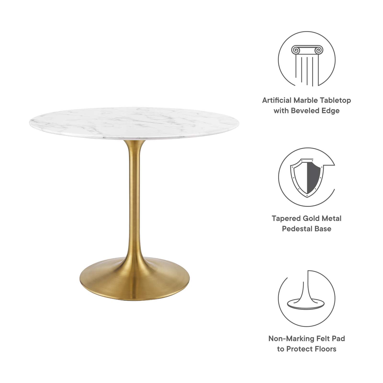 Modway Lippa 36&quot; Mid-Century Dining Table With Round Artificial Marble Top In Gold White