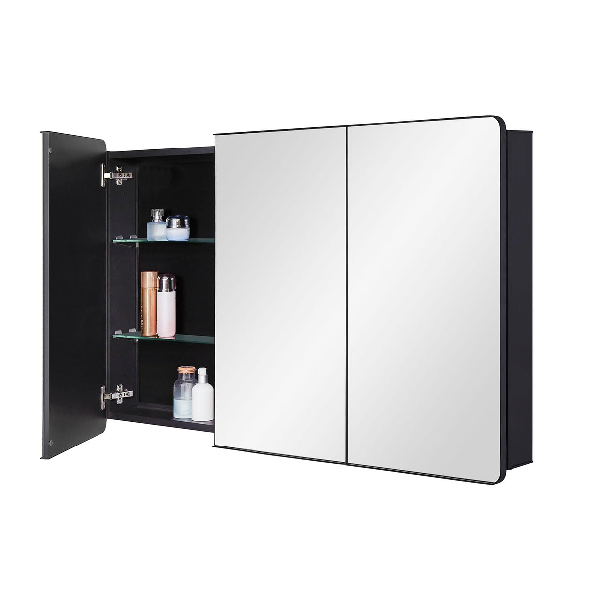 Idyllor Bathroom Mirror Medicine Cabinet With Round Corner Framed Door 48 X 30 Inch, Black,Recessed Or Surface Mount, With Adjus