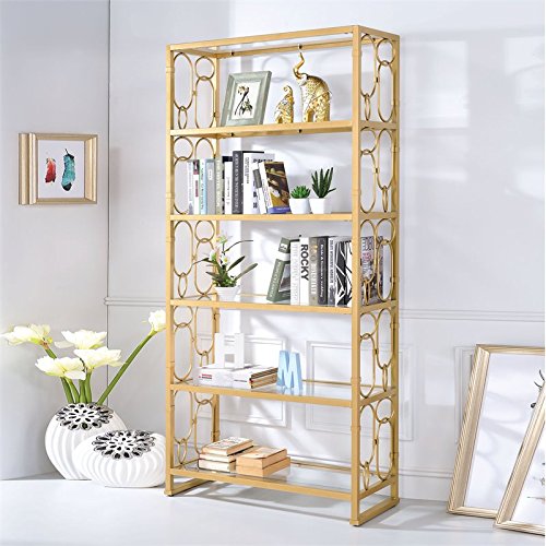 Acme Julos Metal Etagere Bookcase with 6 Glass Shelves in Clear Glass and Gold