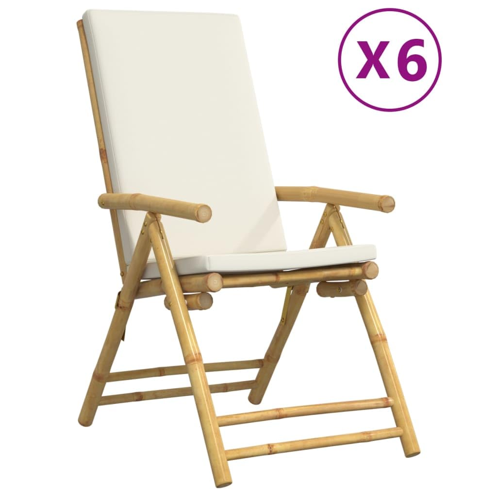 vidaXL 6 Piece Folding Bamboo Bistro Chairs Set with Cream White Cushions for Patio/Garden - Removable and Washable Covers