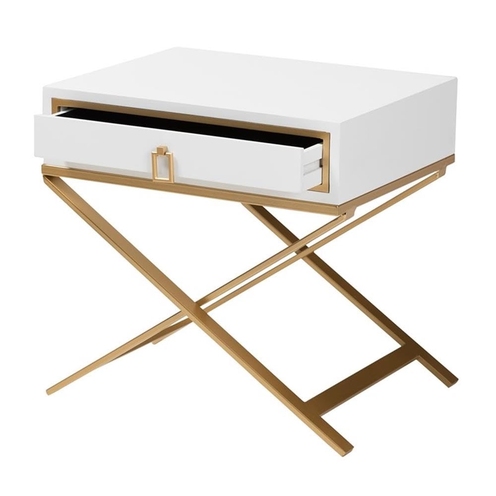 Baxton Studio Lilibet White Finished Wood and Gold Metal 1-Drawer End Table