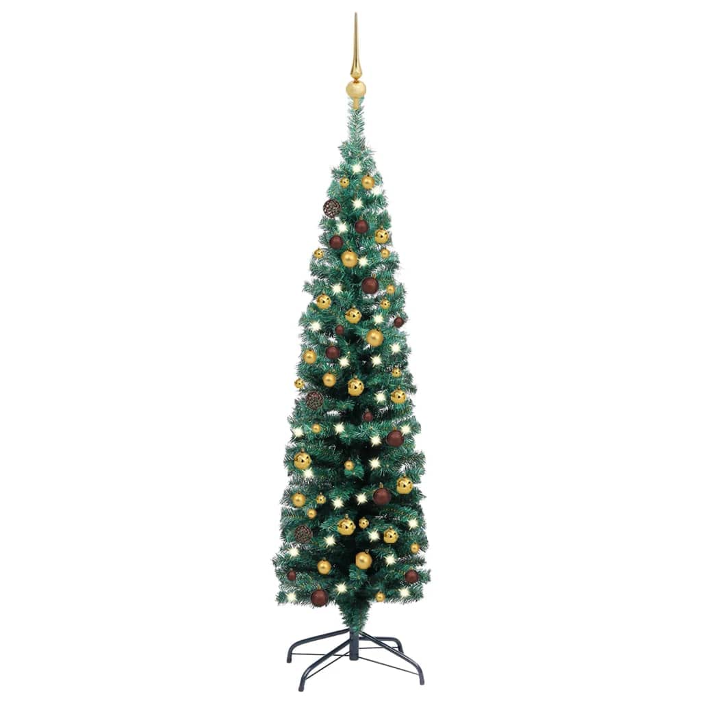 Vidaxl Slim Artificial Christmas Tree With Led Lights And Ball Set - Economical Pvc, Steel, And Plastic Tree - Green And Gold - 47.2&quot; Tall, 15&quot; Diameter, Includes Decorations