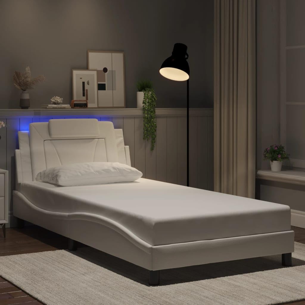 vidaXL Twin XL Faux Leather Bed Frame with LED Lights - White, Sturdy Plywood Slats, Modern Style for Contemporary Bedroom
