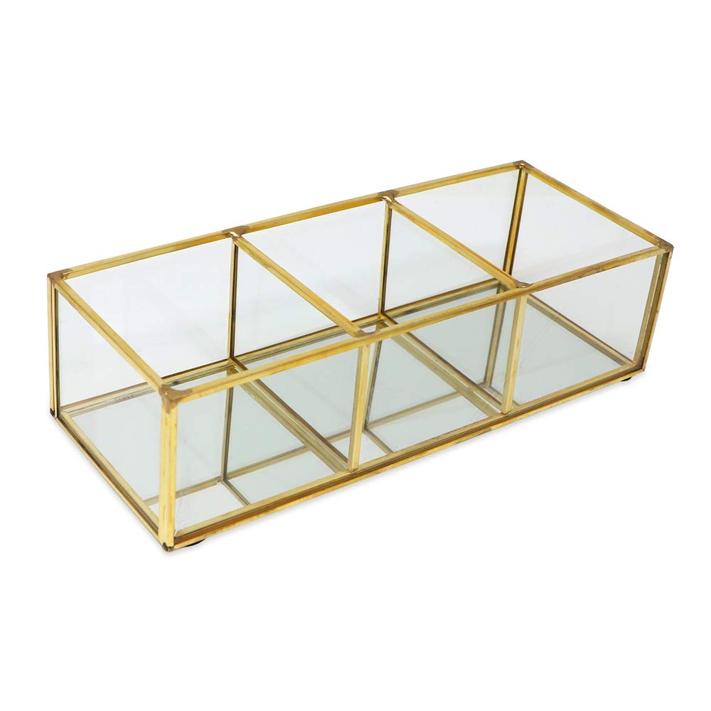 Isaac Jacobs 3-Compartment Vintage Style Brass and Glass Organizer (9.1 L x 3.6W x 2.6 H), Multi-Sectional Tray & Storage Soluti