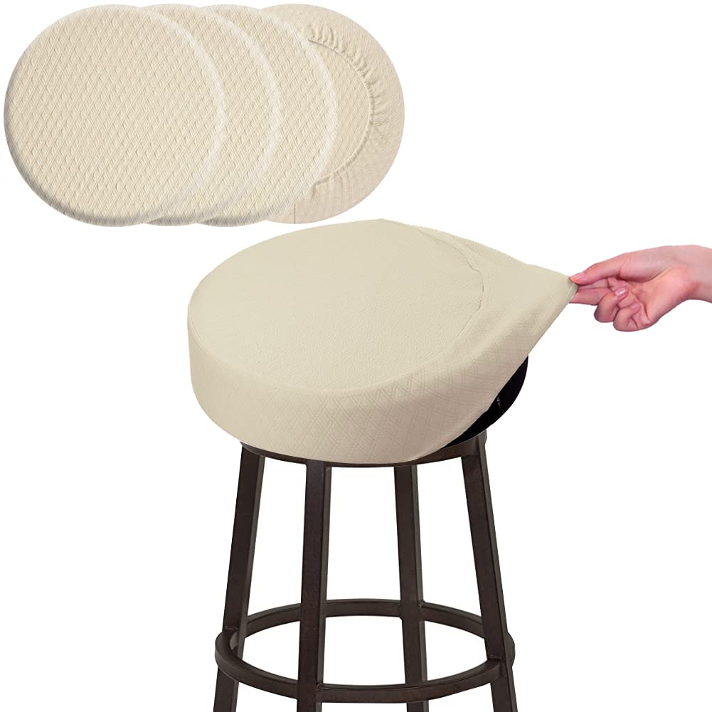 Buyue 4 Pcs Bar Stool Covers, Luxury Fabric Dia.12-14' Round Stretchy Jacquard Crease-Resistant Washable Dustproof Stool Seat Slipcover, S-Beige-Set Of 4