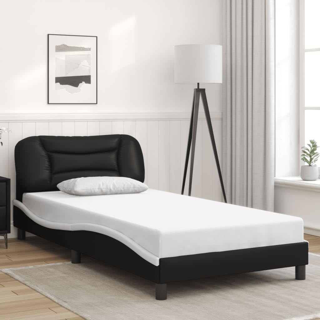 vidaXL Twin XL Bed Frame with Headboard - Black/White Faux Leather, Plywood Slats, Elegant Waved Design, Supports 39.4x79.9 Mattress
