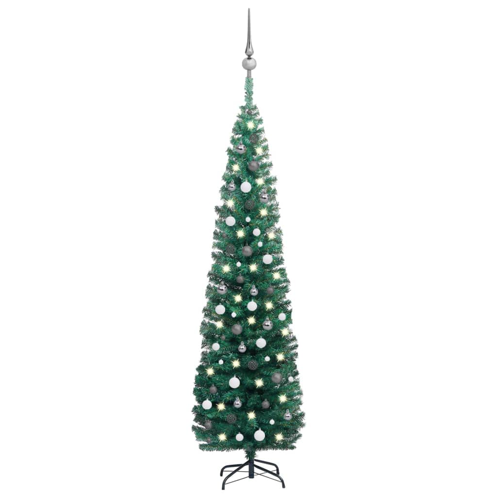 Vidaxl Slim Artificial Pre-Lit Christmas Tree With Led Lights, Green Pvc, Stable Steel Stand, Decorative Glitter Balls, Usb Connection - 94.5&quot;