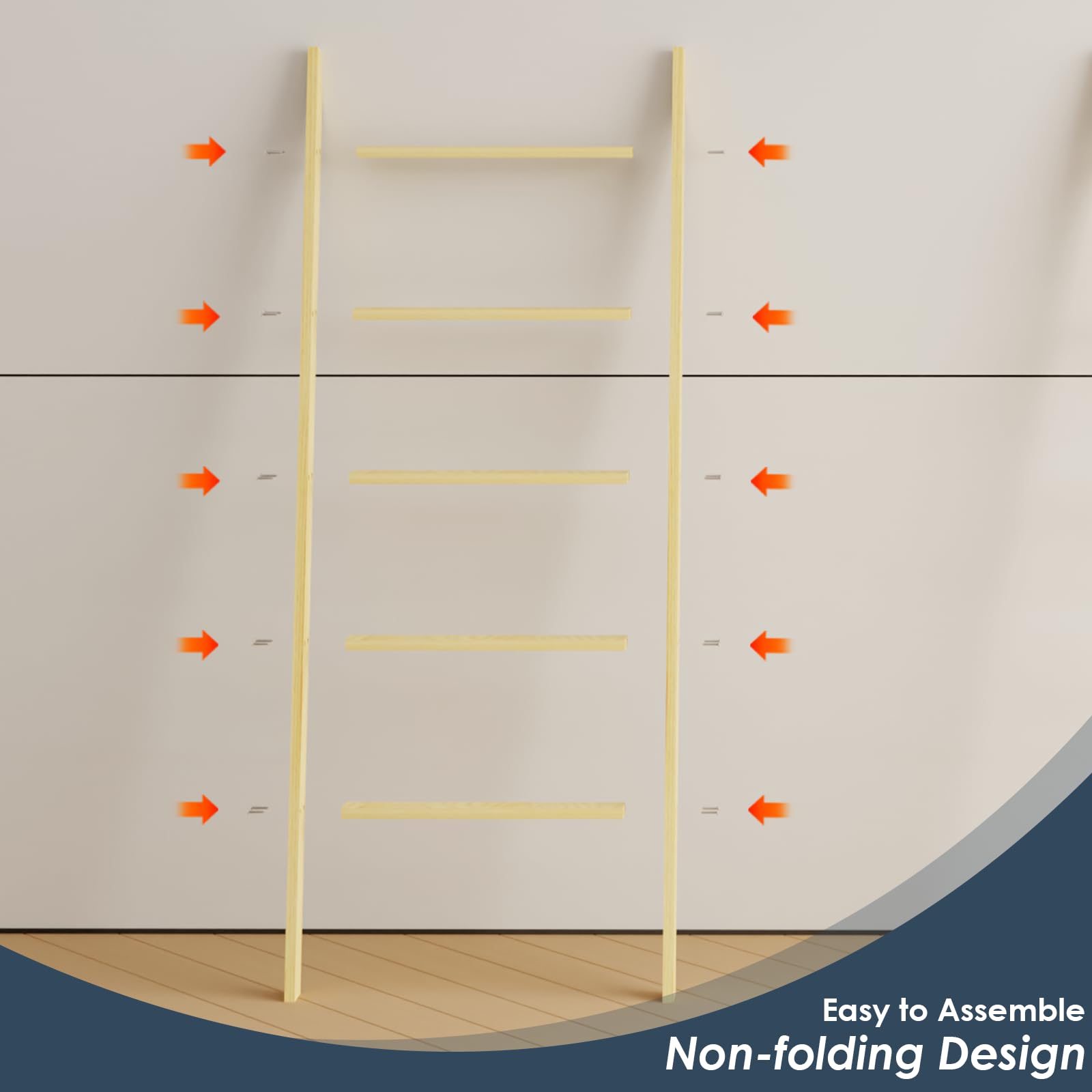 5-Tier Blanket Ladder Wooden, Non-Folding 4.8Ft(57.5'') Blanket Towel Holder Rack Decorative Ladder, Easy Assembly, Rustic Farmh