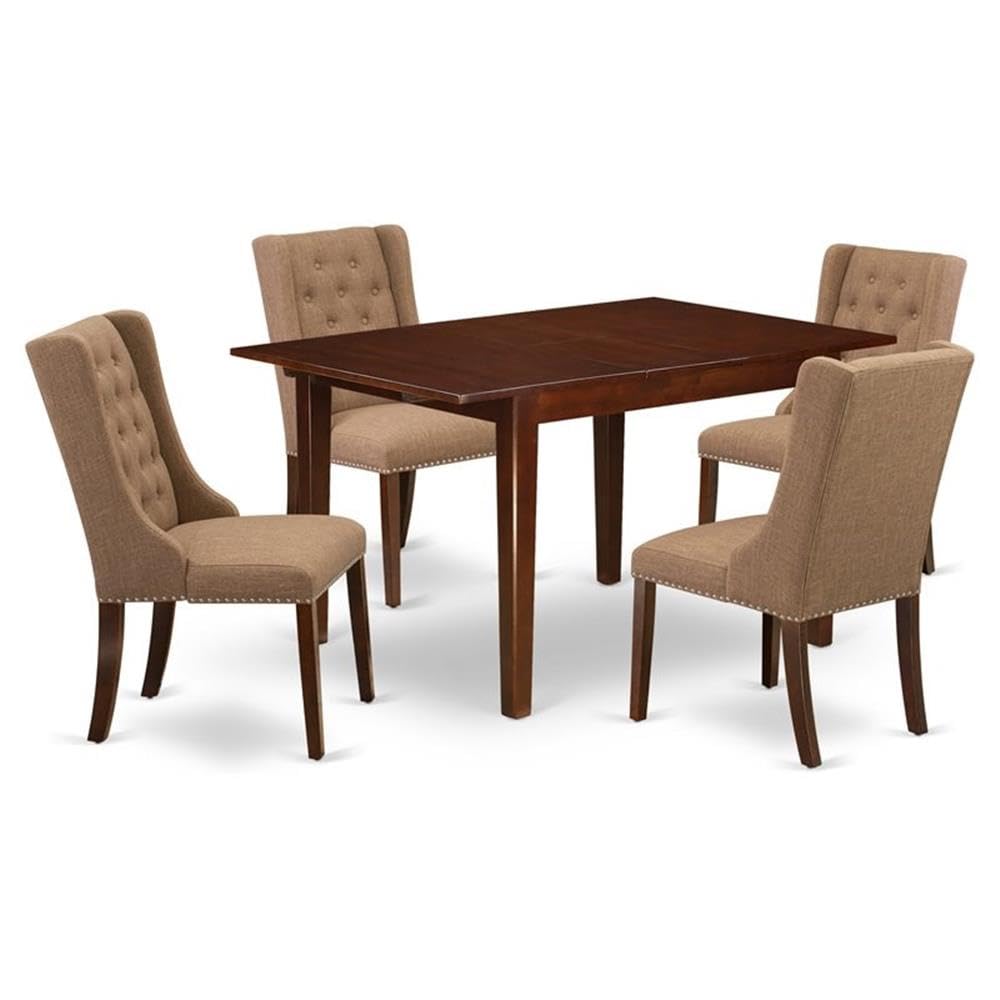 East West Furniture MLFO5-MAH-47 5 Piece Dinette Set Includes a Rectangle Dining Room Table with Butterfly Leaf and 4 Light Sable Linen Fabric Upholstered Chairs, 36x54 Inch, Mahogany