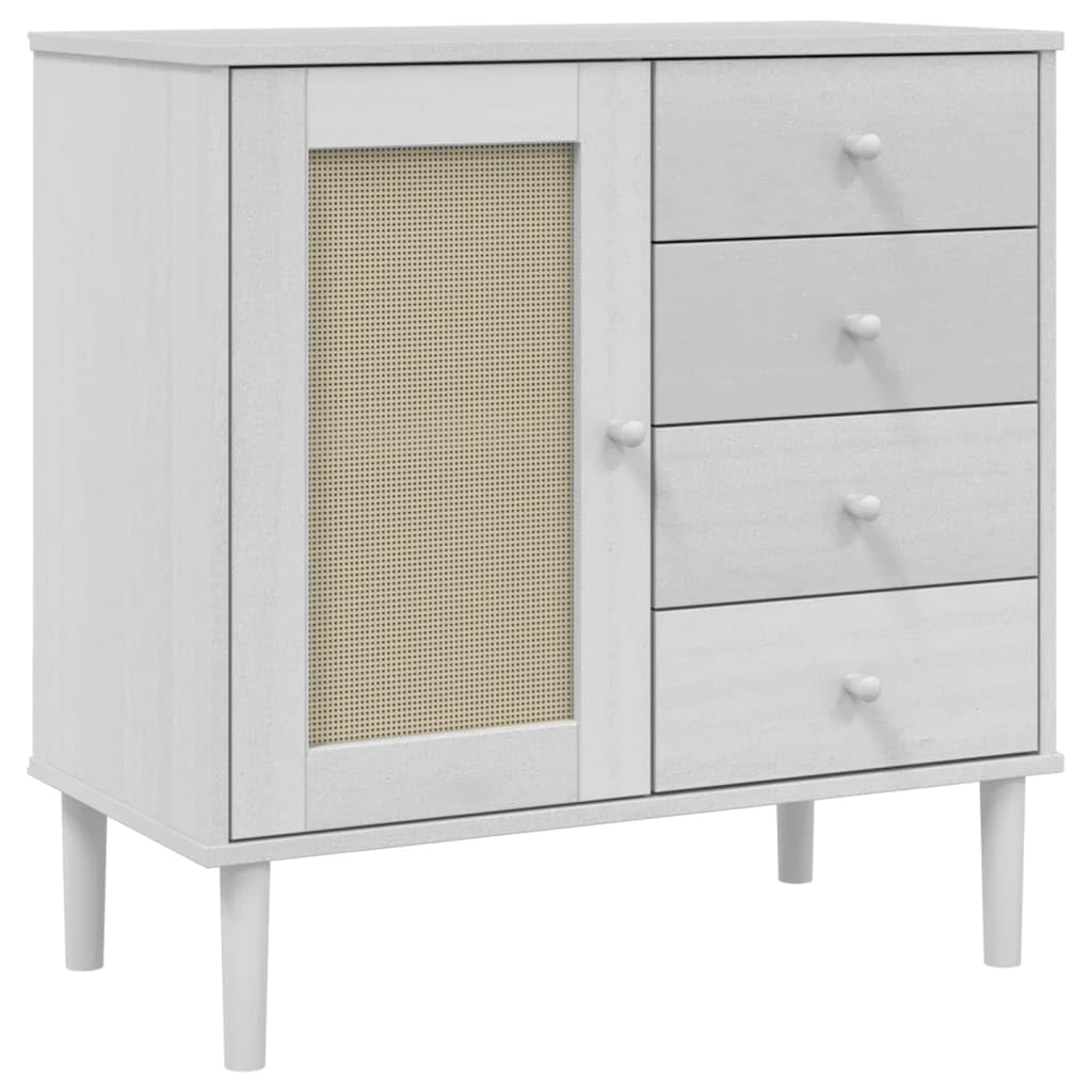 vidaXL White Sideboard SENJA with Rattan Look Surface - Solid Pine Wood Storage Unit with Drawers and Compartments