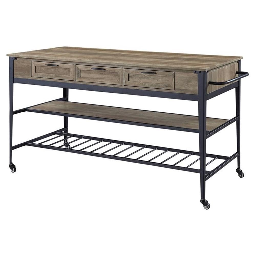 Acme Macaria Wooden Kitchen Island with 3 Drawers in Rustic Oak and Black