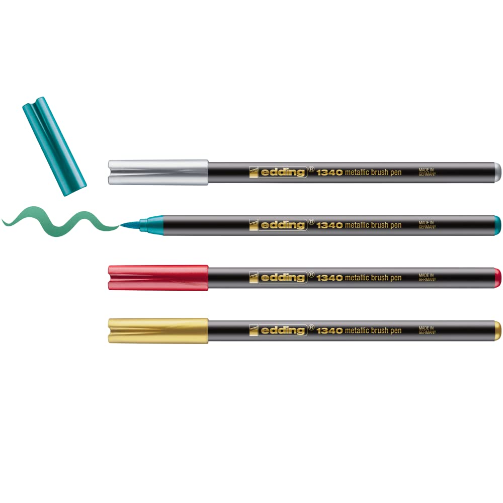 Edding 1340 Metallic Brush Pen - Christmas Set - 4 Pens - Flexible Brush Nib 1-6 Mm - Glitter Metallic Marker For Lettering, Dra