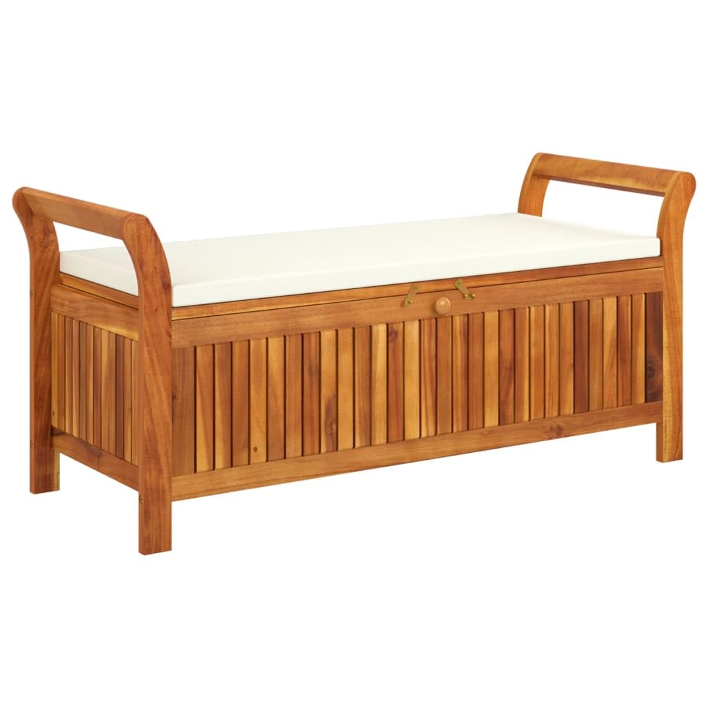 vidaXL Stylish Acacia Wood Patio Storage Bench with Cushioned Seat – Garden/Patio Accent Furniture - Brown White, 49.6" – Durable Outdoor Storage Solution