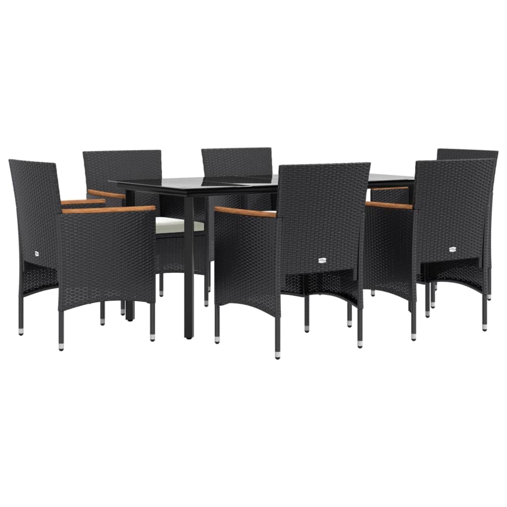 vidaXL 7-Piece Modern Patio Dining Set in Black - Outdoor Weather-Resistant PE Rattan Furniture with Tempered Glass Tabletop and Thick Padded Cushions