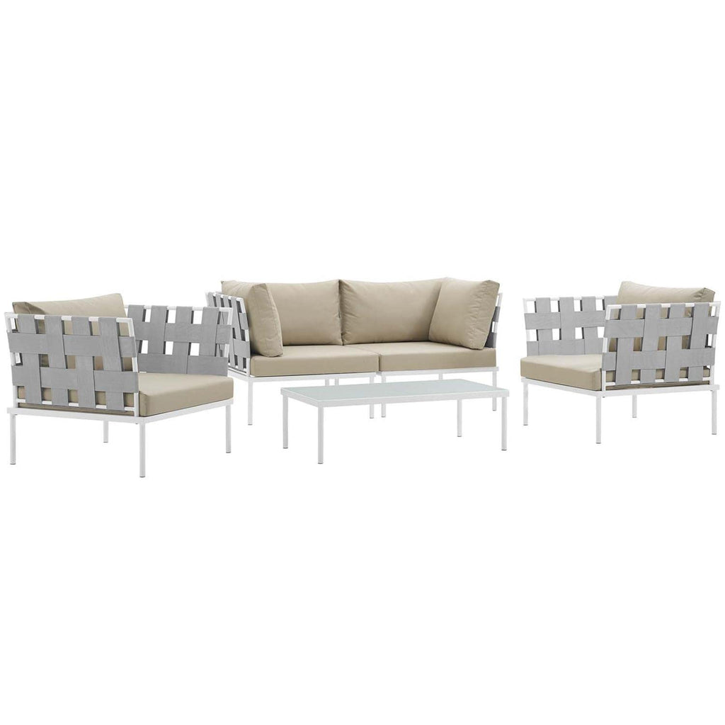 Modway Harmony 5-Piece Aluminum Outdoor Patio Furniture Sectional Sofa Set With Cushions In White Beige