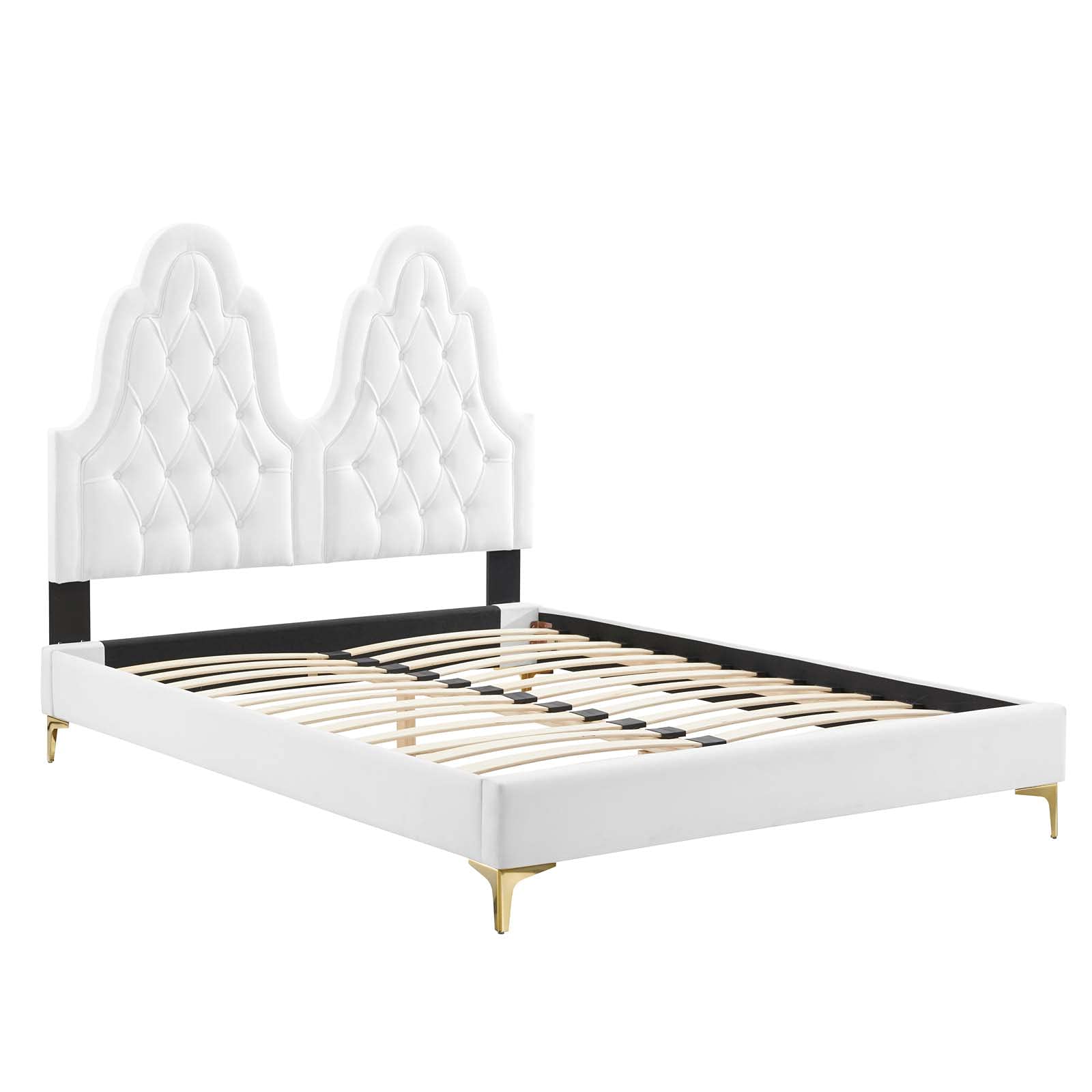 Modway Alexandria Tufted Performance Velvet Platform Bed with Gold Legs, Twin, White