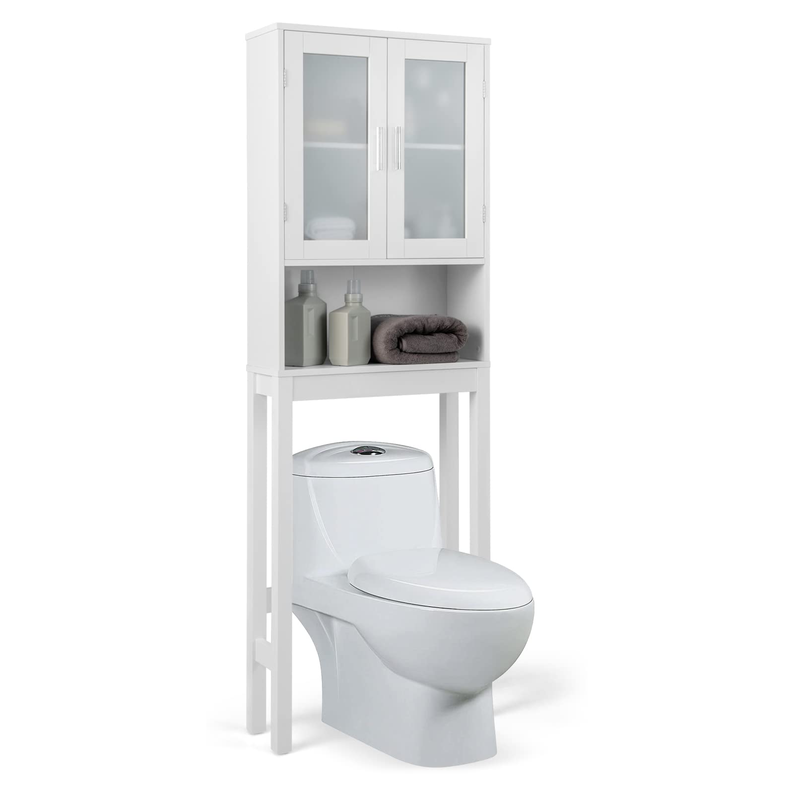Giantex Over The Toilet Storage Cabinet, Freestanding Bathroom Cabinet W/ 2 Frosted Glass Doors, Inner 3-Position Adjustable Shelf, Open Storage Shelf, Bathroom Organizer & Space Saver