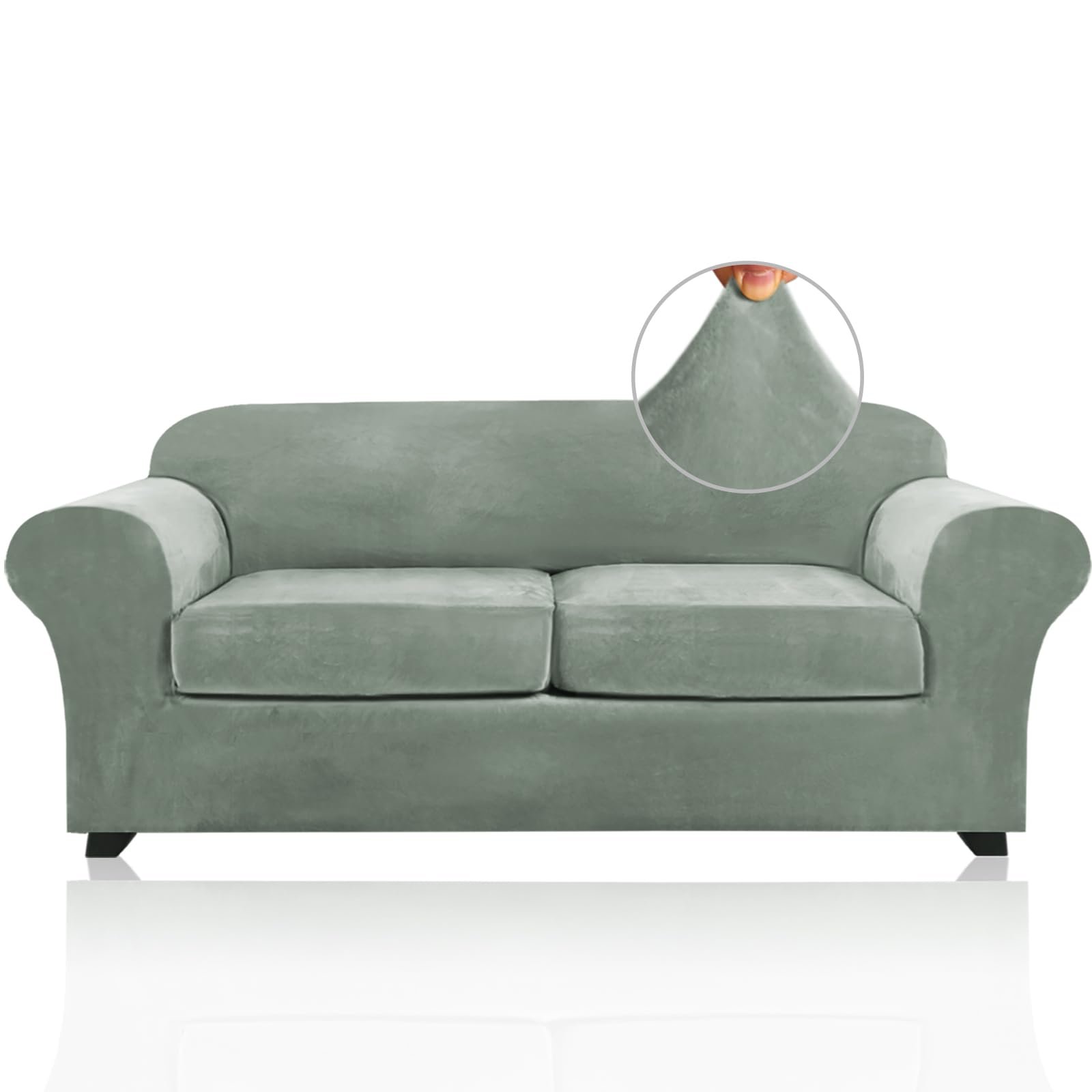 Princedeco 3 Pieces Sofa Covers Velvet Couch Covers For 2 Cushion Sofa Soft Sofa Covers For 2 Cushion Couch Width Up To 90 Inch Feature Thick Soft Stay In Place(Medium-Large, Seagrass)