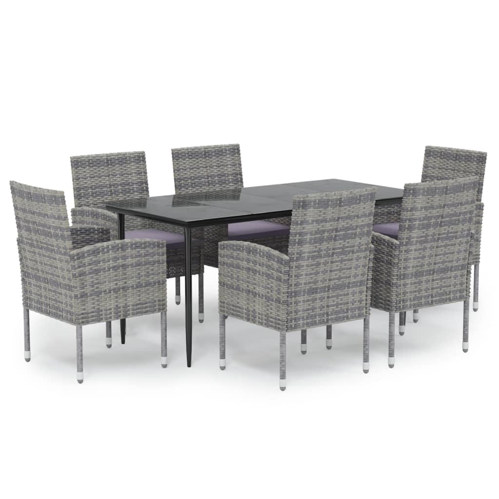 vidaXL 7-Piece Outdoor Dining Set - Anthracite Poly Rattan with Cushions - Tempered Glass Top Table and Comfortable Chairs, 3156783