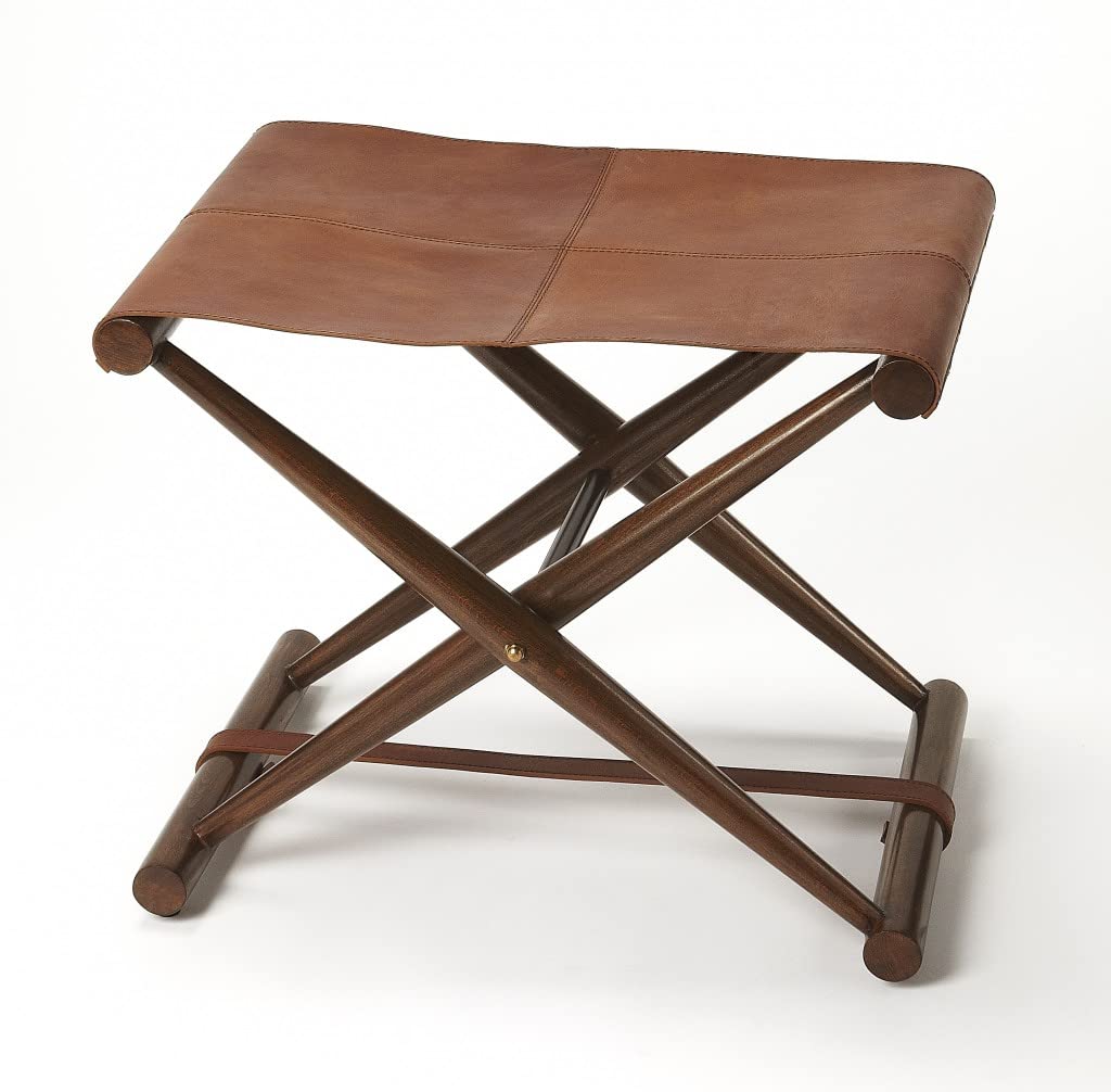 HomeRoots Medium Brown Brown Wood and Leather Portable Stool