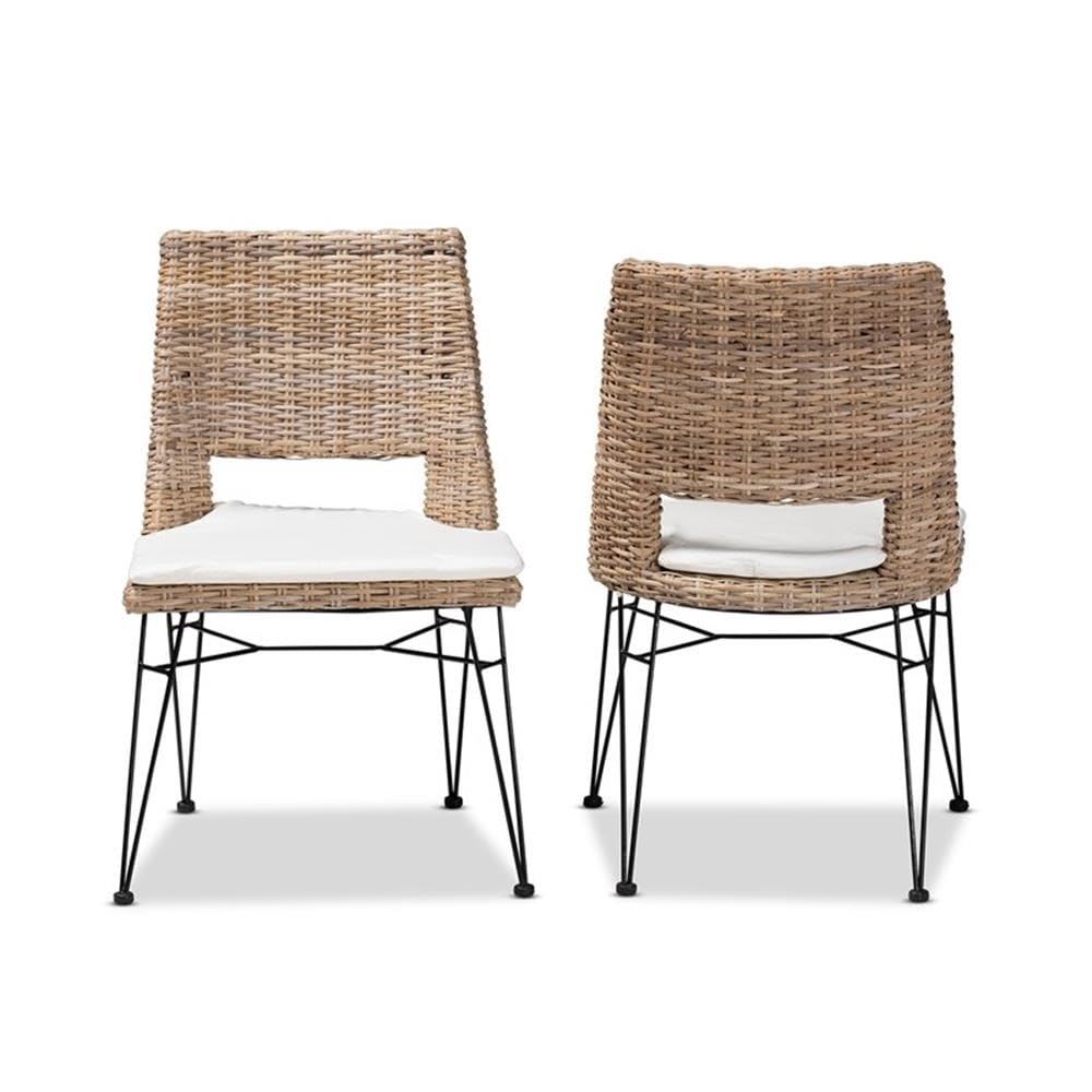 Baxton Studio Nafaro Gray Rattan Metal Dining Chair with Cushion 2-Piece Set