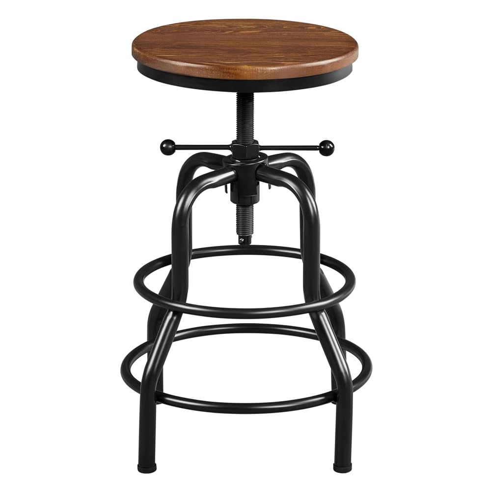 Yaheetech Industrial Bar Stool Vintage Counter Stool Rustic Counter Height Bar Stool Adjustable Metal Stool with Round Wood Seat
