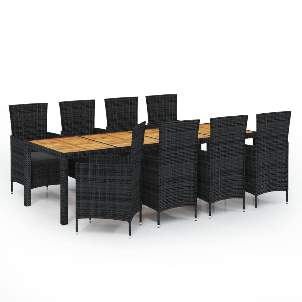 vidaXL 11-Piece Outdoor Patio Dining Set - Poly Rattan Black, Powder-Coated Steel Frame, Acacia Wood Table, Comfortable Cushions