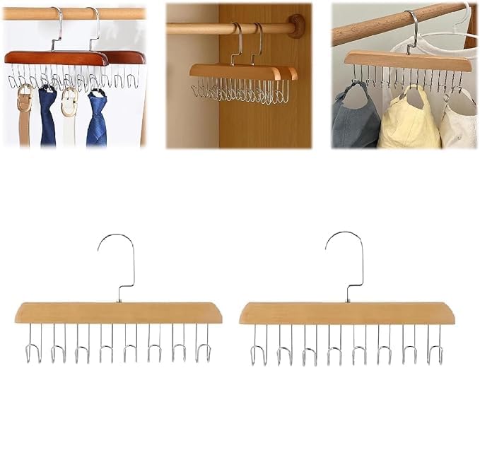 Swimero,Multifunctional NonSlip Storage Hangers With 8 Hooks, 360 Degree Swivel Wooden Belt Hanger For Home Closet Clothing Sto