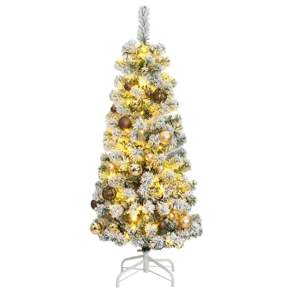 vidaXL Modern Artificial Hinged Christmas Tree - Green and White Flocking, Golden Balls, LED String Lights - 47.2" Height