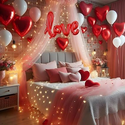 27 Pc Tent Romantic Decoration Set Red And White Balloons Foil Heart And Back Drop White Curtains| Bedroom Decoration Items| The