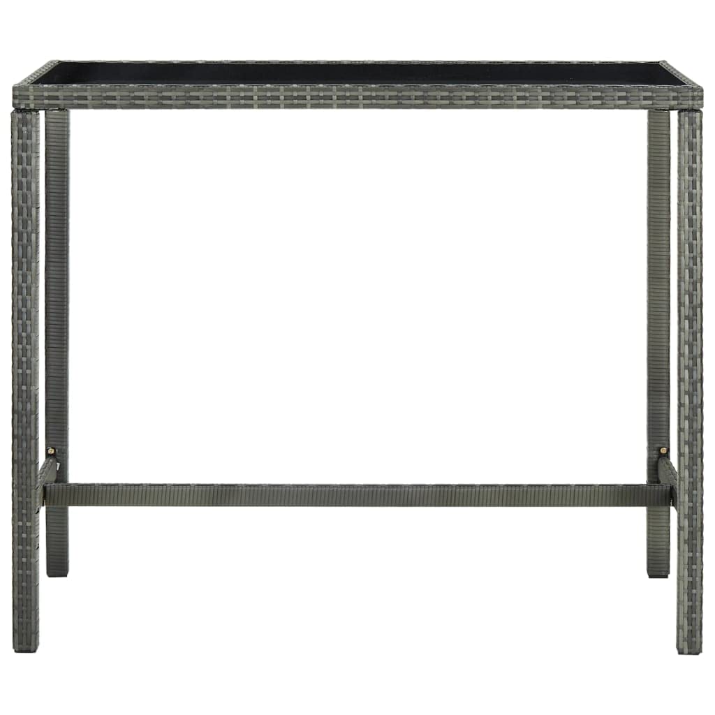 vidaXL Outdoor Patio Bar Table - Gray Poly Rattan and Glass Tabletop, Powder-Coated Steel Frame, Weather-Resistant and Durable for Garden, Terrace, Backyard