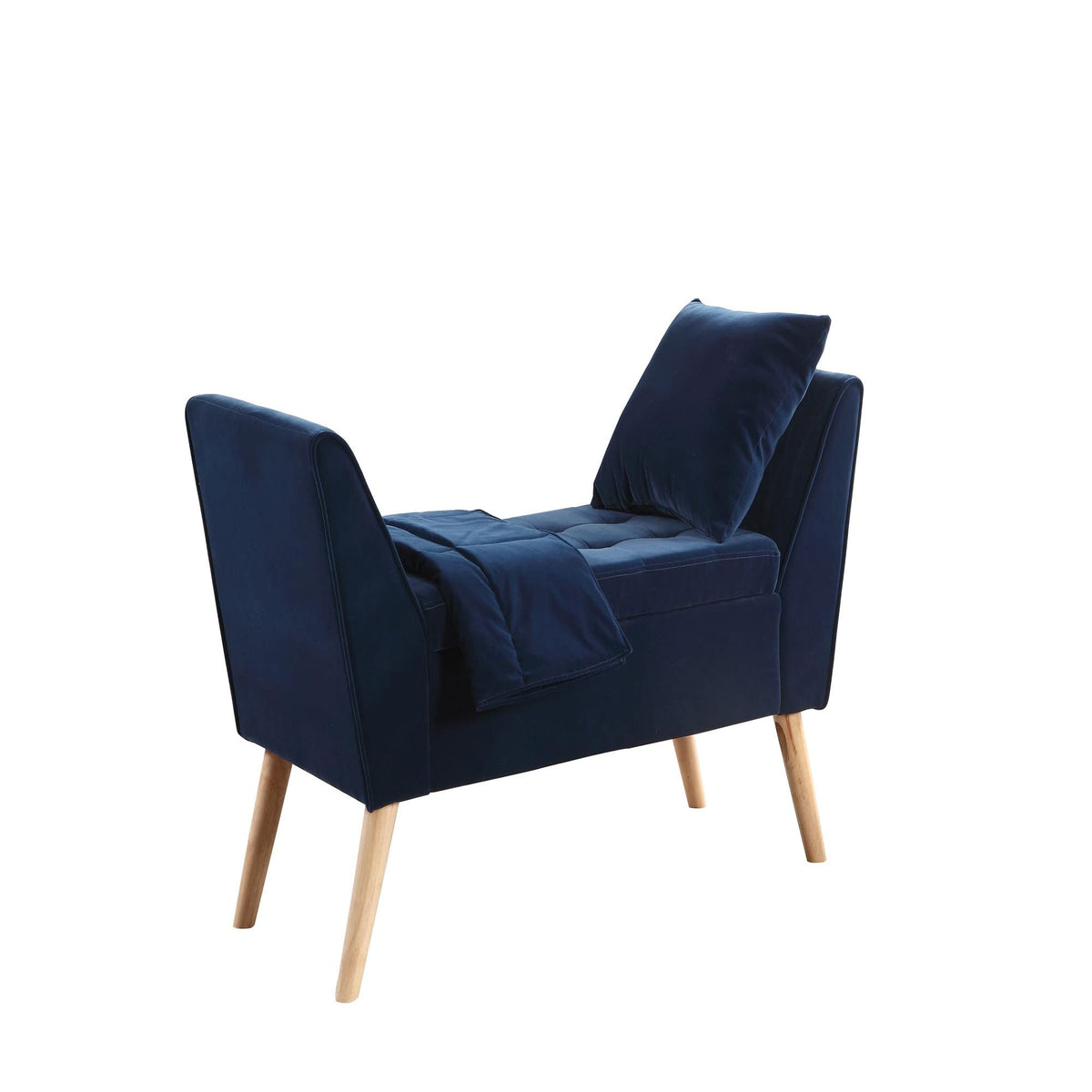 HomeRoots Wood, Polyurethane Foam: 97%, Polyester Fabric: 3% Navy Blue Modern Flair Storage Bench with Pillow and Blanket