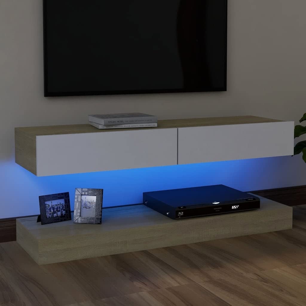 vidaXL Engineered Wood TV Stand and Cabinet, Modern Trendy Design, White and Sonoma Oak, 47.2&quot;x13.8&quot; with RGB LED Lights - Easy to Clean