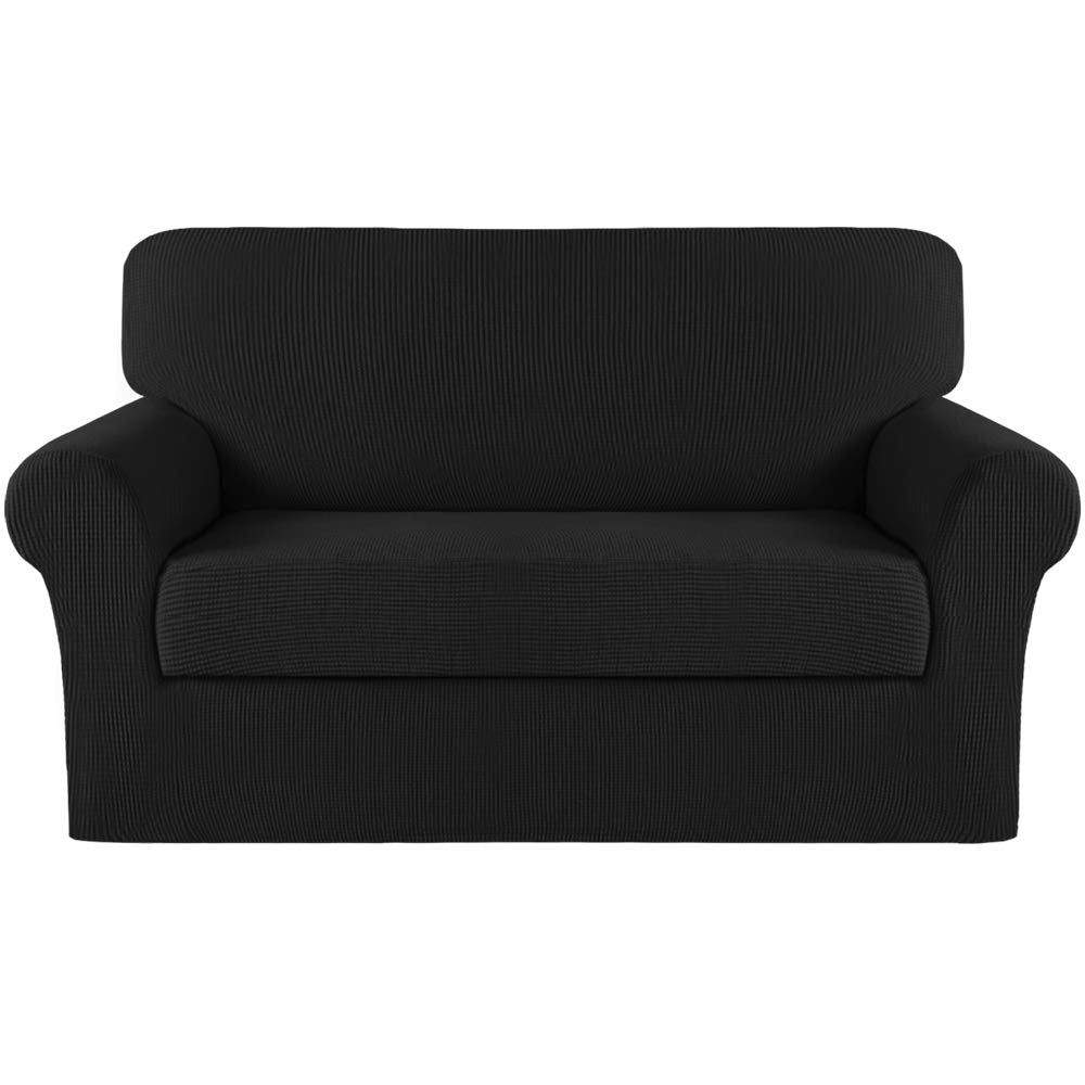 Turquoize Stretch Sofa Slipcover 2 Pieces Sofa Cover Couch Cover For 2 Cushion Couch Washable Furniture Protector Covers With Elastic Bottom Feature Thick Jacquard Fabric (Loveseat, Black)